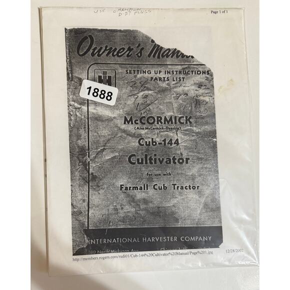 International Harvester McCormick Cub -144 Cultivator Farmall Cub Tractor Book - Picture 1 of 1